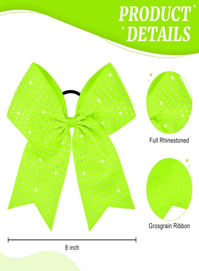 CEELGON 12 PCS Neon Green Glitter Cheer Bows Large 8” Full Rhinestones Shiny Cheer Bow Elastic Hair Tie Bows for Teens Girls Softball Competition Sports Cheerleaders (Neon Green) - Image 2